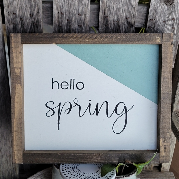 HELLO SPRING framed farmhouse wooden colorblock sage + white wall art - Picture 2 of 9